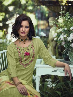 Green & Pink Floral Embroidered Pure Cotton Kurta With Trousers & Dupatta 2
