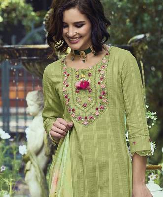 Green & Pink Floral Embroidered Pure Cotton Kurta With Trousers & Dupatta 4