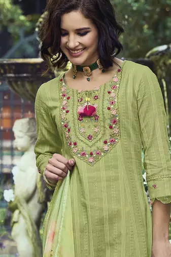 Green & Pink Floral Embroidered Pure Cotton Kurta With Trousers & Dupatta