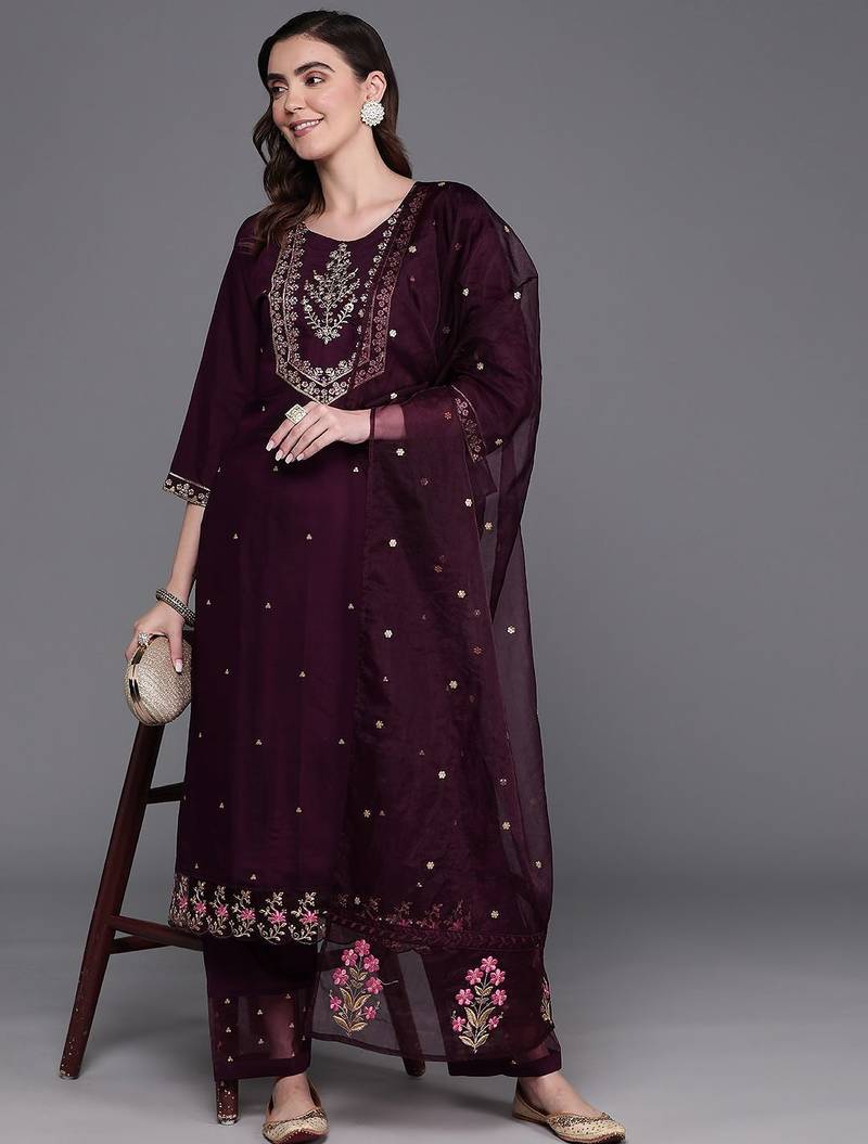 Floral Embroidered Regular Kurta with Trousers & Dupatta