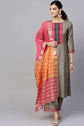 Women Grey Kurta with Palazzos & With Dupatta