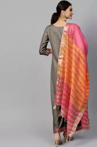 Women Grey Kurta with Palazzos & With Dupatta