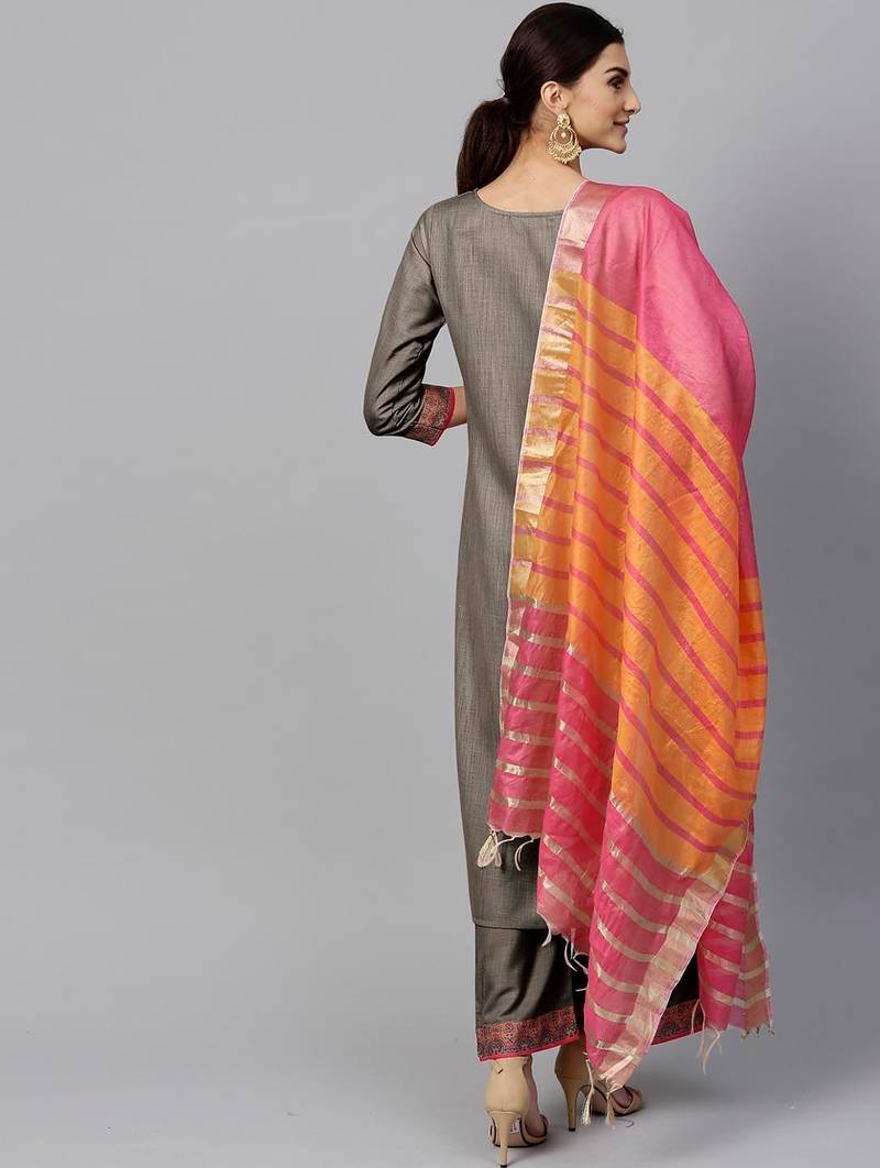 Women Grey Kurta with Palazzos & With Dupatta