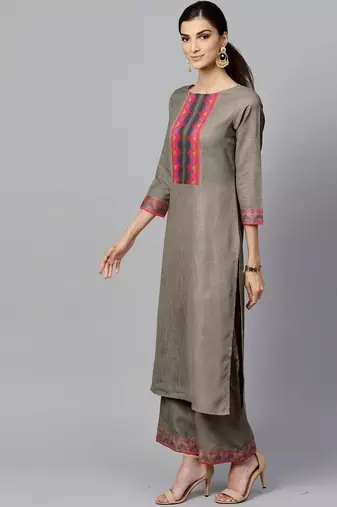 Women Grey Kurta with Palazzos & With Dupatta