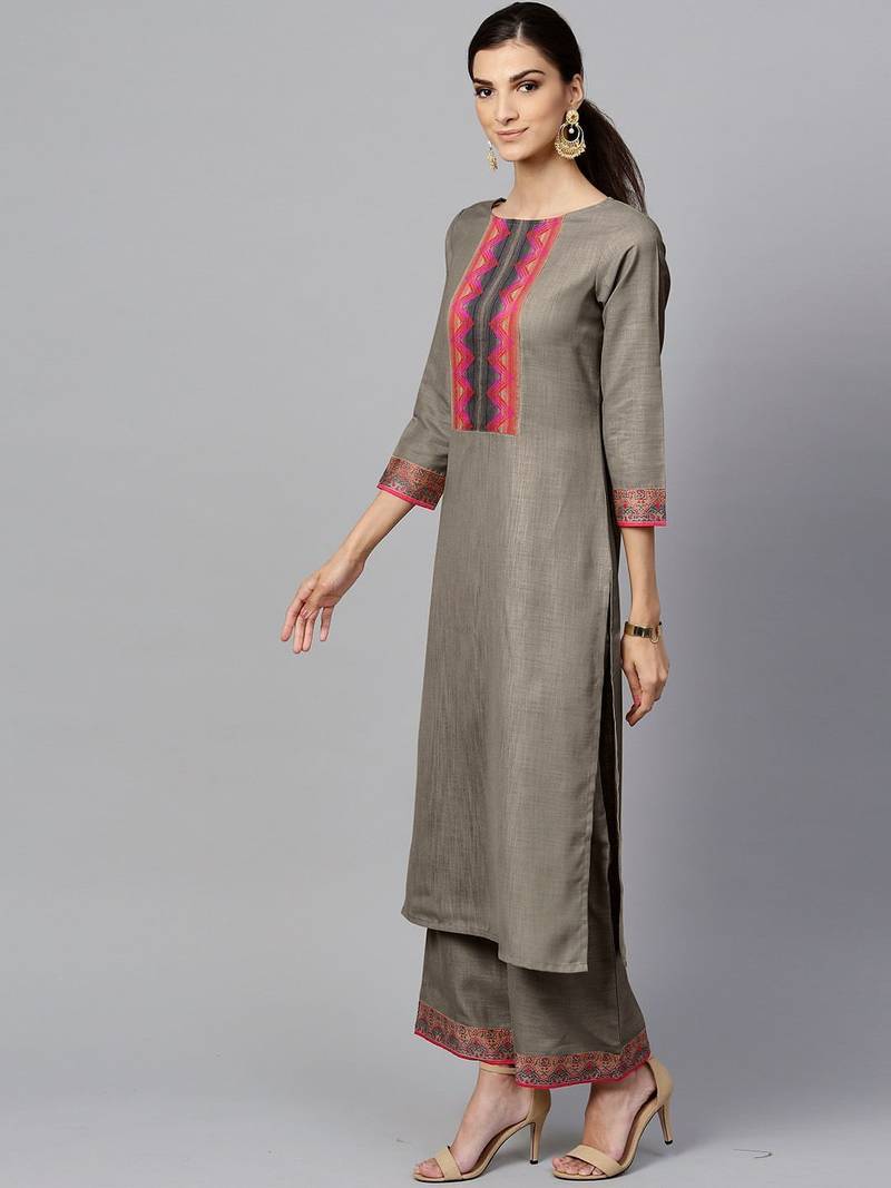Women Grey Kurta with Palazzos & With Dupatta