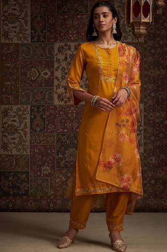 Floral Embroidered Kurta with Trousers & With Dupatta