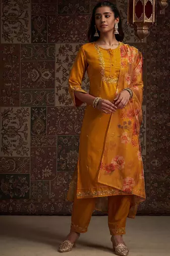 Floral Embroidered Kurta with Trousers & With Dupatta