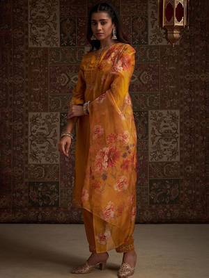 Floral Embroidered Kurta with Trousers & With Dupatta 4