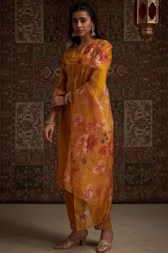 Floral Embroidered Kurta with Trousers & With Dupatta
