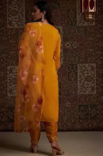 Floral Embroidered Kurta with Trousers & With Dupatta