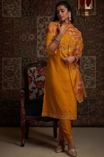 Floral Embroidered Kurta with Trousers & With Dupatta