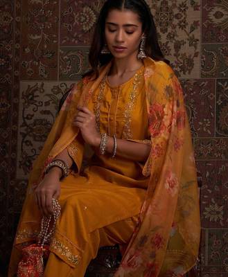 Floral Embroidered Kurta with Trousers & With Dupatta 7