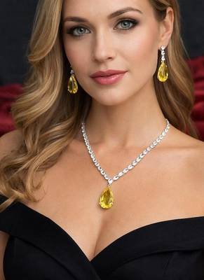 Yellow Teardrop Crystal Necklace Earrings Set | Silver Bridal Jewelry 1
