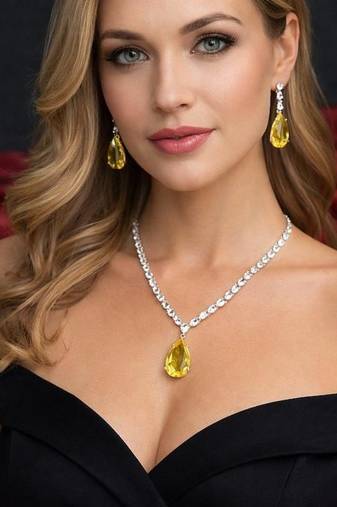 Yellow Teardrop Crystal Necklace Earrings Set | Silver Bridal Jewelry
