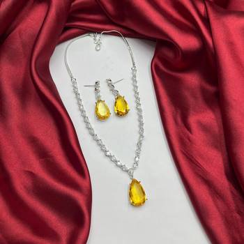 Yellow Teardrop Crystal Necklace Earrings Set | Silver Bridal Jewelry 2