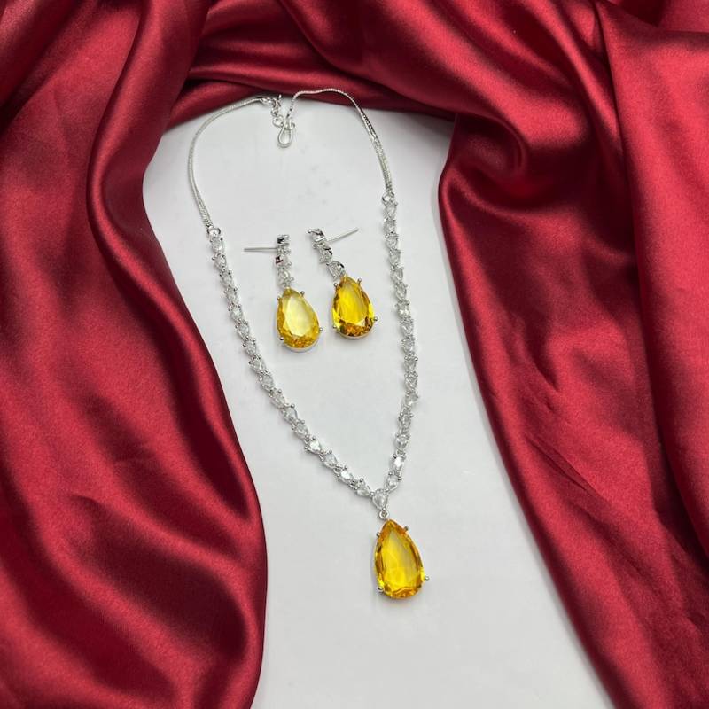 Yellow Teardrop Crystal Necklace Earrings Set | Silver Bridal Jewelry