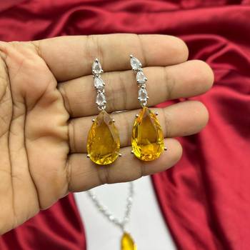 Yellow Teardrop Crystal Necklace Earrings Set | Silver Bridal Jewelry 3
