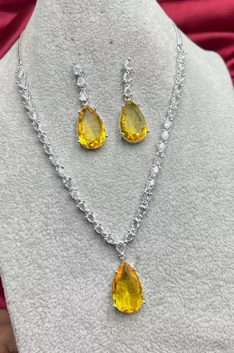 Yellow Teardrop Crystal Necklace Earrings Set | Silver Bridal Jewelry