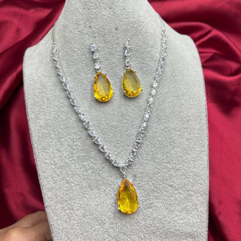 Yellow Teardrop Crystal Necklace Earrings Set | Silver Bridal Jewelry