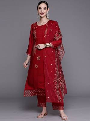 Red Floral Embroidered Sequined Kurta with Trousers & Dupatta 1