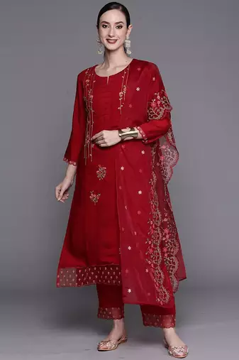 Red Floral Embroidered Sequined Kurta with Trousers & Dupatta