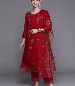 Red Floral Embroidered Sequined Kurta with Trousers & Dupatta