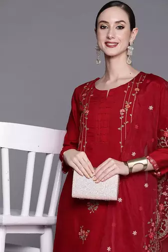 Red Floral Embroidered Sequined Kurta with Trousers & Dupatta