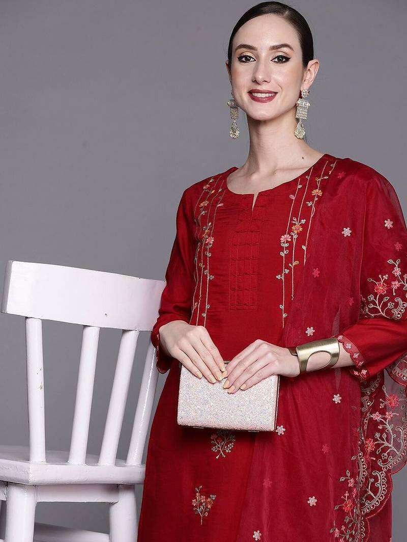 Red Floral Embroidered Sequined Kurta with Trousers & Dupatta