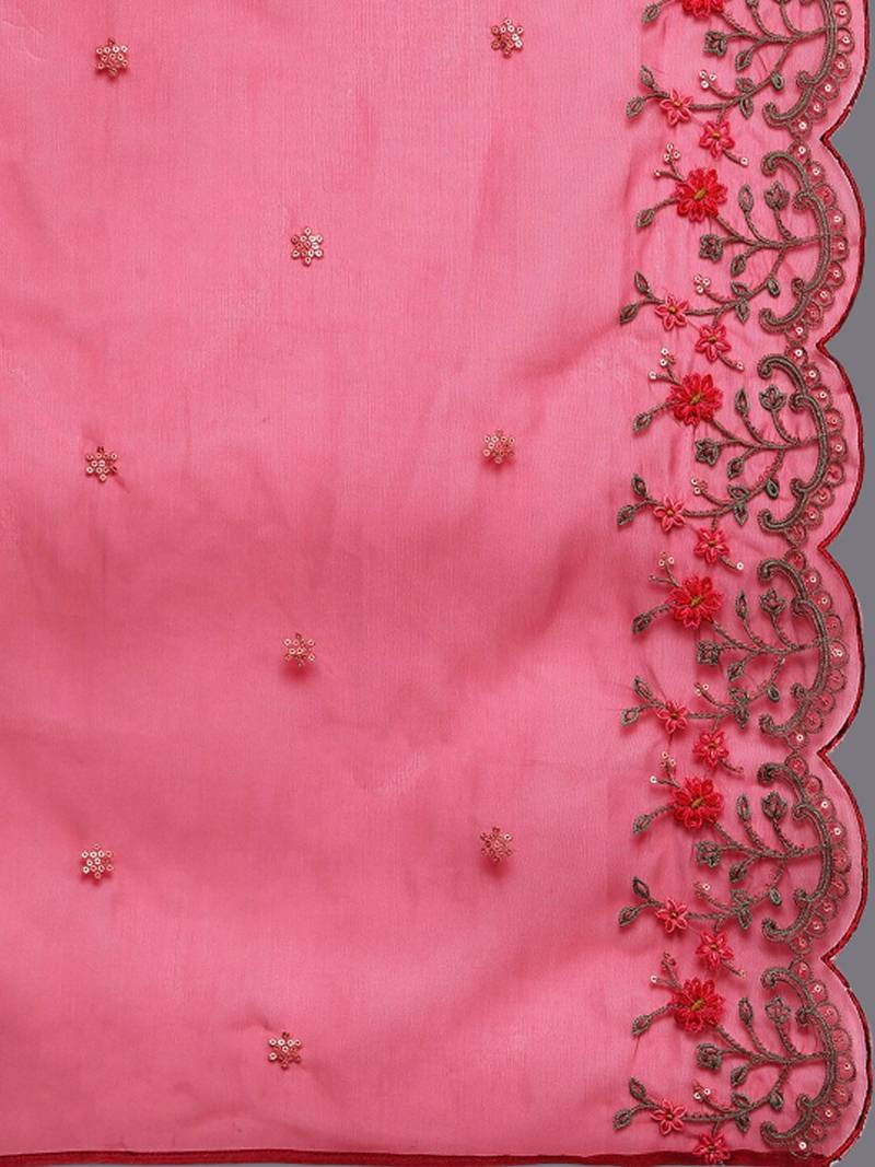 Red Floral Embroidered Sequined Kurta with Trousers & Dupatta