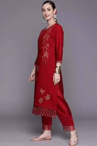 Red Floral Embroidered Sequined Kurta with Trousers & Dupatta