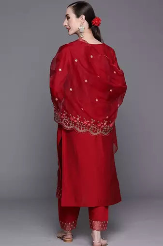 Red Floral Embroidered Sequined Kurta with Trousers & Dupatta