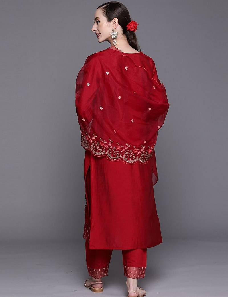 Red Floral Embroidered Sequined Kurta with Trousers & Dupatta