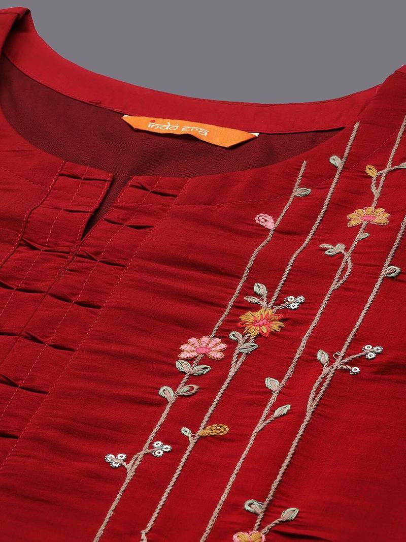 Red Floral Embroidered Sequined Kurta with Trousers & Dupatta