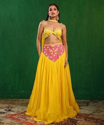Bright Yellow Pink Embroidered Crepe Lehenga Set 1
