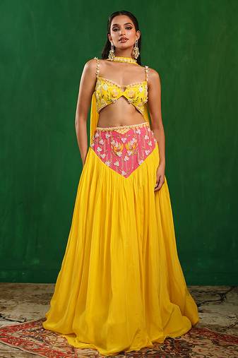 Bright Yellow Pink Embroidered Crepe Lehenga Set