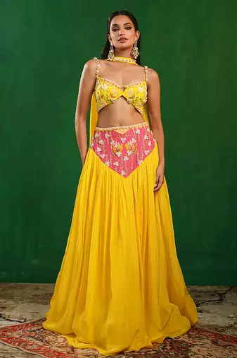 Bright Yellow Pink Embroidered Crepe Lehenga Set