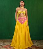 Bright Yellow Pink Embroidered Crepe Lehenga Set