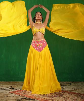 Bright Yellow Pink Embroidered Crepe Lehenga Set 2