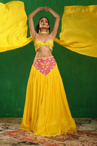Bright Yellow Pink Embroidered Crepe Lehenga Set
