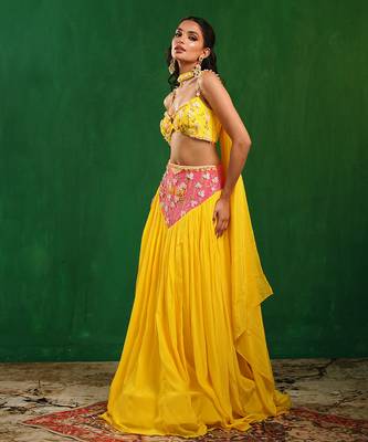 Bright Yellow Pink Embroidered Crepe Lehenga Set 3