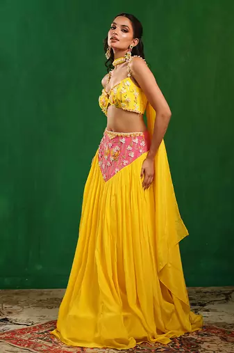 Bright Yellow Pink Embroidered Crepe Lehenga Set