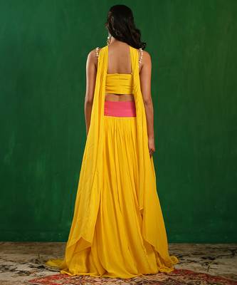 Bright Yellow Pink Embroidered Crepe Lehenga Set 4