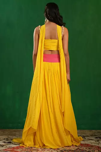 Bright Yellow Pink Embroidered Crepe Lehenga Set