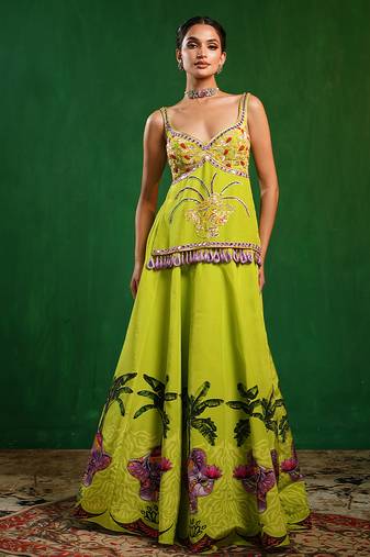 Green Purple Printed Crepe Lehenga Set