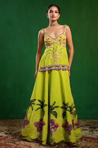 Green Purple Printed Crepe Lehenga Set
