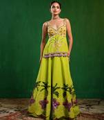 Green Purple Printed Crepe Lehenga Set