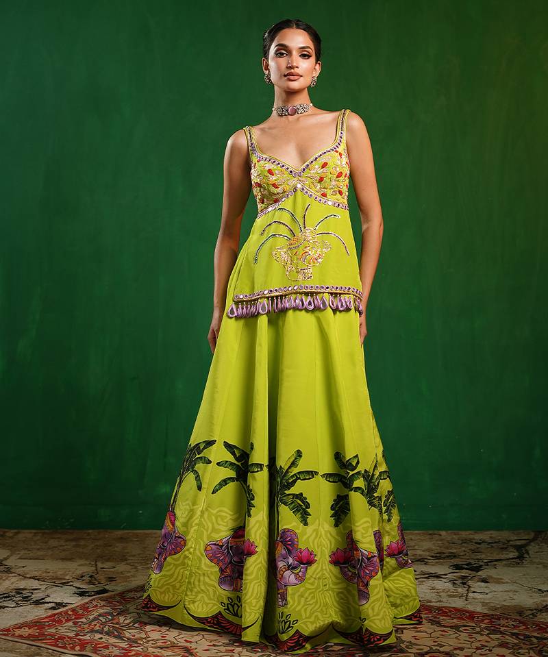 Green Purple Printed Crepe Lehenga Set