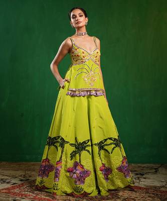 Green Purple Printed Crepe Lehenga Set 2