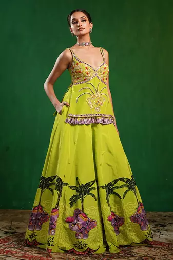 Green Purple Printed Crepe Lehenga Set