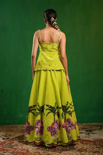 Green Purple Printed Crepe Lehenga Set